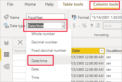 Power BI Desktop 的屏幕截图,其中显示了“建模”选项卡并选择了“数据类型”筛选器。