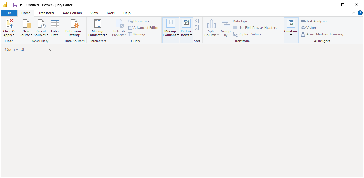 Power BI Desktop 的屏幕截图,其中显示了没有任何数据连接的 Power Query 编辑器。