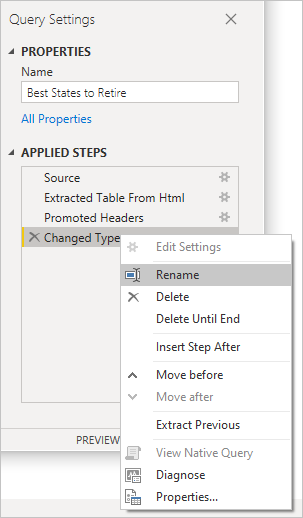 Power BI Desktop 的屏幕截图,其中显示了“查询设置”属性和“已应用步骤”筛选器。