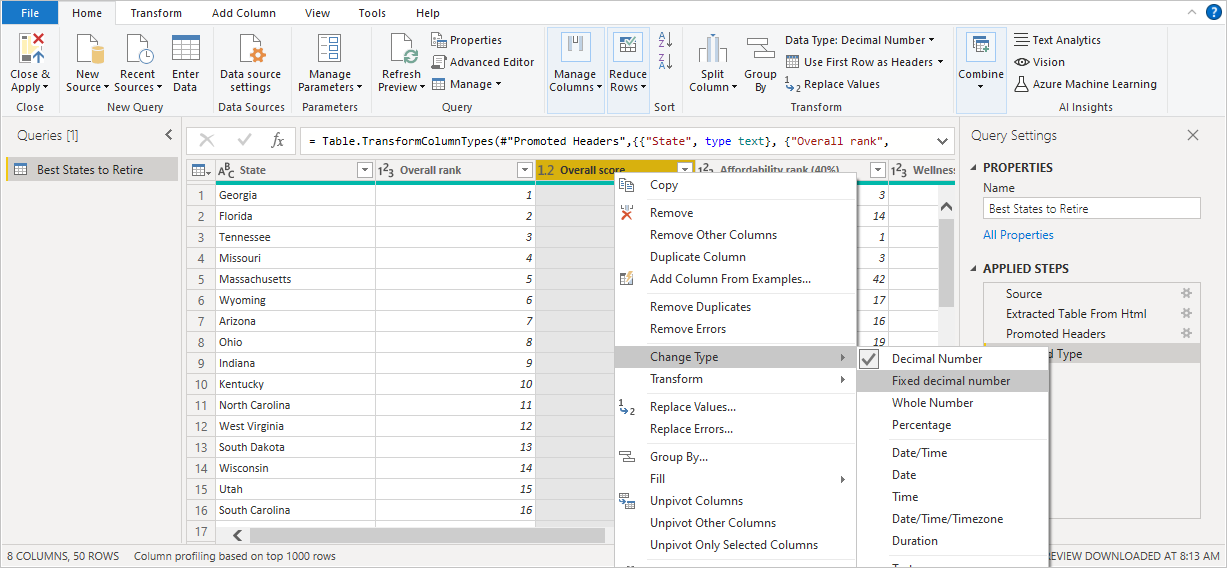 Power BI Desktop 的屏幕截图,其中显示了中央窗格中的数据。