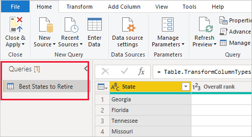 Power BI Desktop 的屏幕截图,其中显示了左窗格中的查询。
