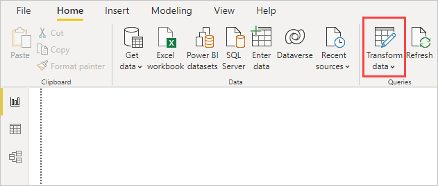 Power BI Desktop 的屏幕截图,其中突出显示了“转换数据”图标。