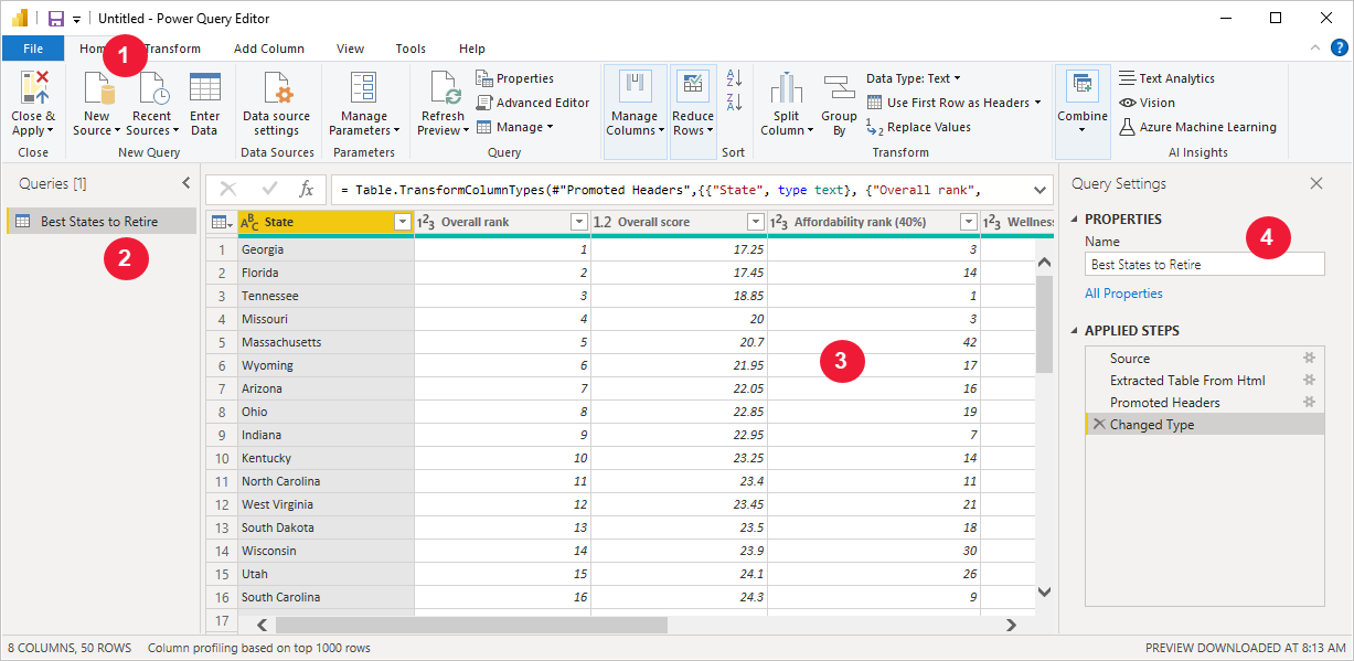 Power BI Desktop 的屏幕截图,其中显示了 Power Query 编辑器中的“查询设置”窗格。