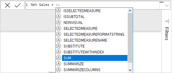 公式栏列表中选择的 SUM 的屏幕截图。