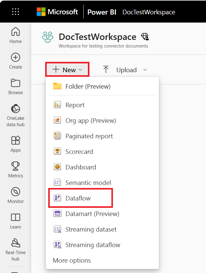 Power BI 服务工作区的屏幕截图,其中突出显示了如何在 Power BI 中创建分析数据流的步骤。