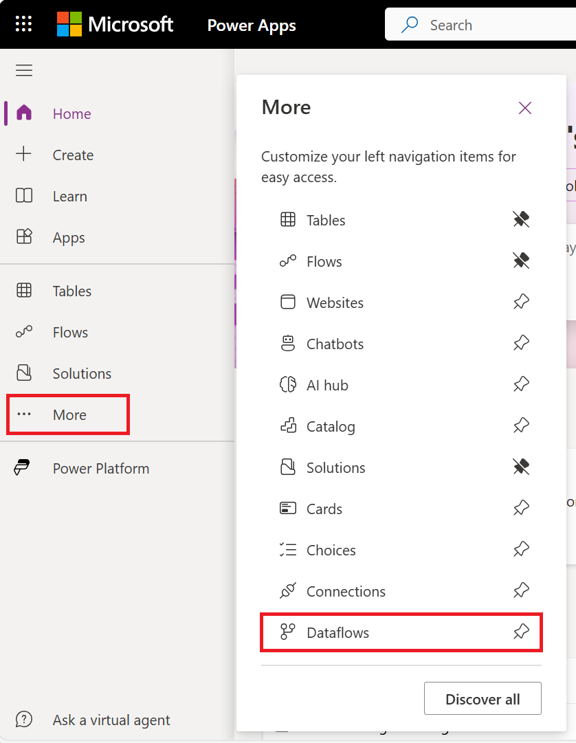 Power Apps 用户界面的屏幕截图,其中突出显示了“更多”按钮和“数据流”选择。