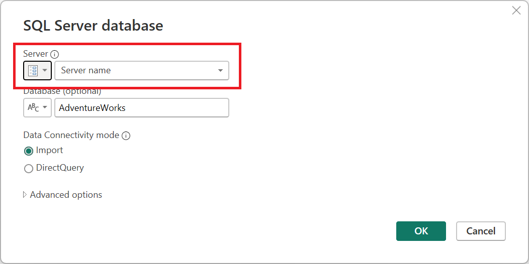 SQL Server 数据库对话框的屏幕截图,其中设置了服务器名称的参数集。