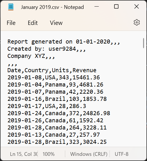 2019 年 1 月示例 CSV 文件的屏幕截图,其中显示了标头部分和数据其余部分,全部用逗号分隔。
