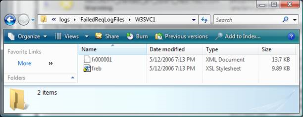 显示 Internet Explorer 导航到 W 3 S V C 1 路径的屏幕截图。列出了两个文件:freb 和 f r 0 0 0 0 0 1。