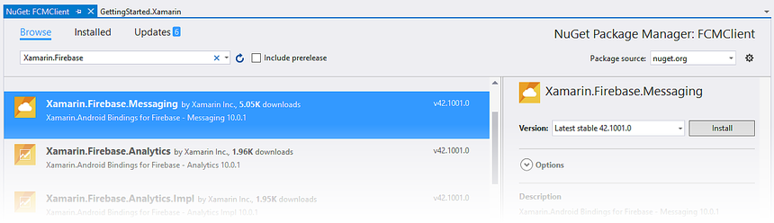 安装 Xamarin Firebase Messaging