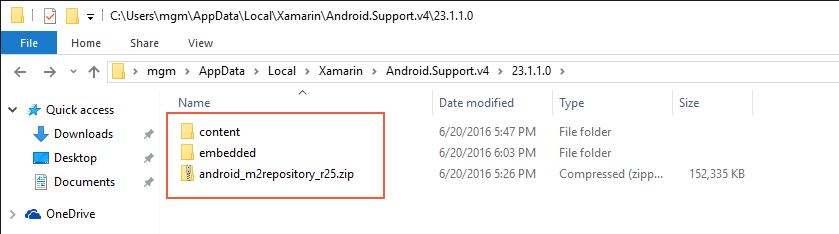 从 23.1.1.0 文件夹中删除 content、embedded 和 android_m2repository 文件夹