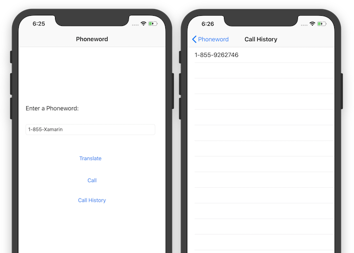 最终的应用程序将拥有第二个屏幕,可显示呼叫历史记录,如此屏幕快照所示