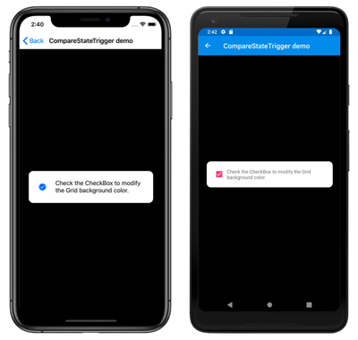 CompareStateTrigger 示例 iOS 和 Android 上触发的视觉状态更改的屏幕截图,其中已选中触发器。