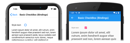 数据绑定复选框 iOS 和 Android 上数据绑定复选框的屏幕截图