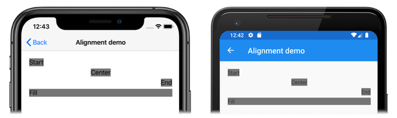 具有对齐选项的 StackLayout 设置了对齐选项的 StackLayout 的屏幕截图