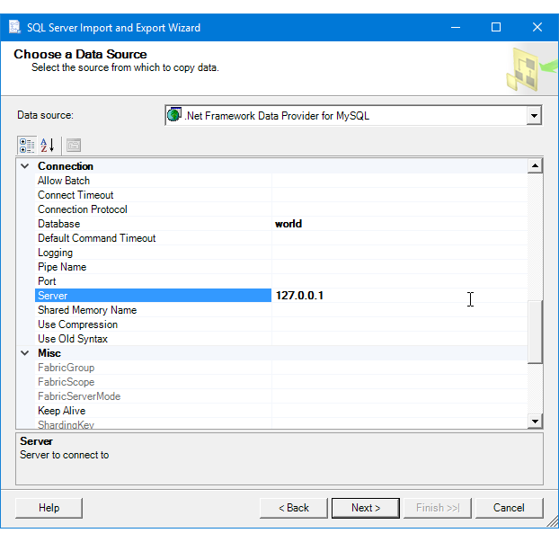 使用 .NET 提供程序连接到 MySQL 的屏幕截图,1/2。