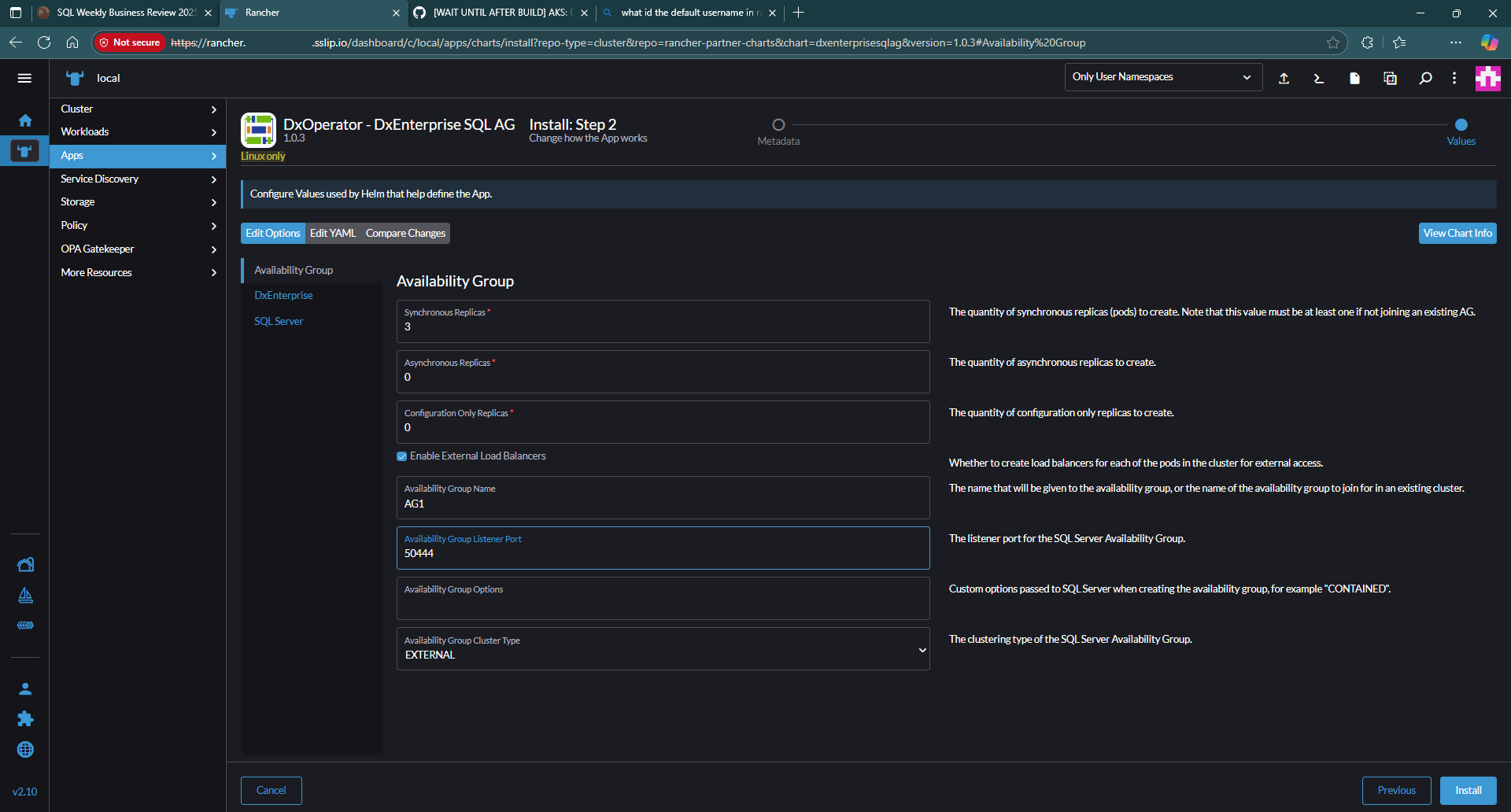 可用性组设置的屏幕截图。