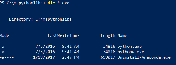 PowerShell 终端的屏幕截图,其中显示了运行 dir *.exe 所生成的 Python 可执行文件列表。
