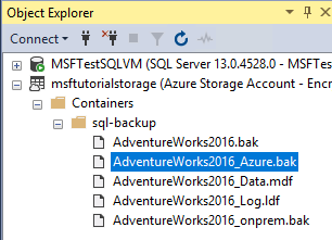 SSMS 中对象资源管理器中的屏幕截图,其中显示了 Azure 上的快照备份。