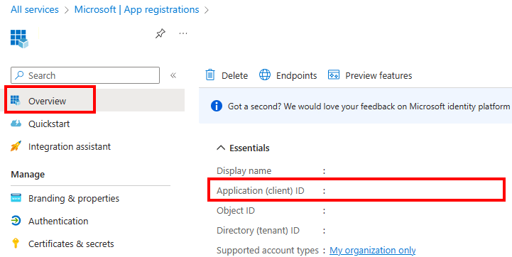 “概述”窗格上的“应用程序”(客户端)ID 值的屏幕截图。
