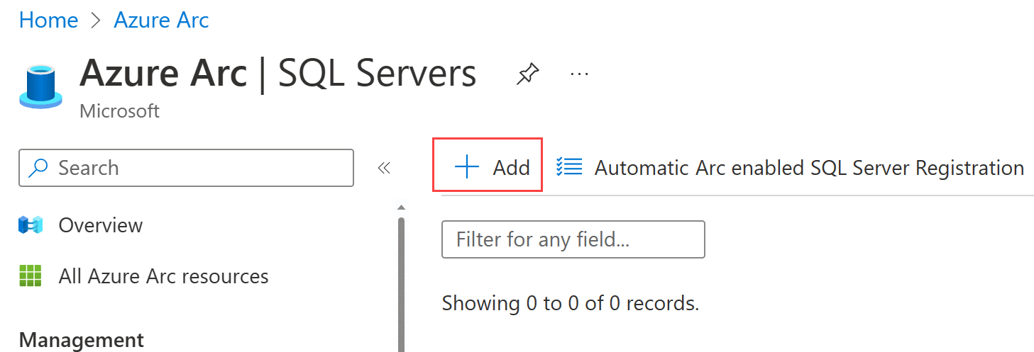 “Azure Arc”页的屏幕截图,其中选择了“SQL Server 实例”和“+添加”。