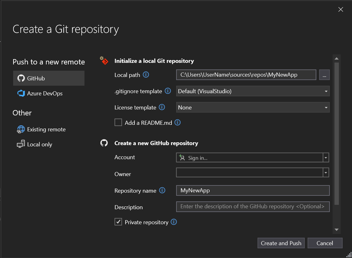 Visual Studio 中“创建 Git 存储库”对话框的屏幕截图,其中突出显示了 GitHub 选项。