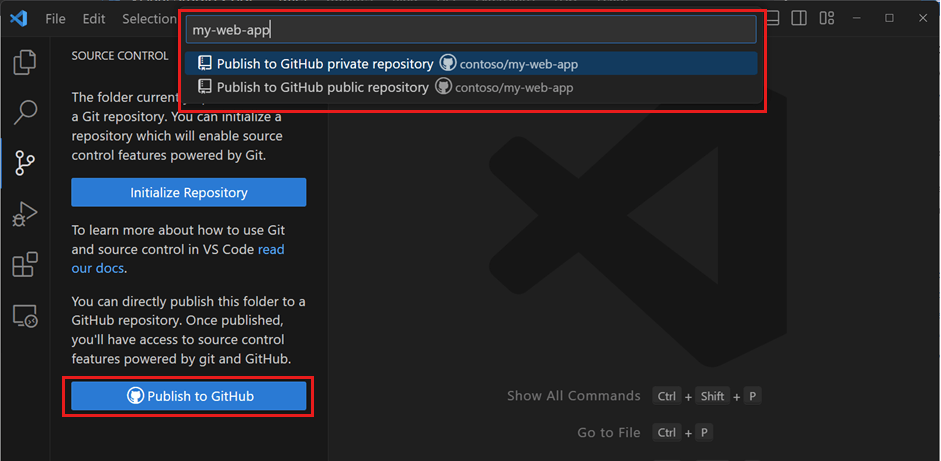 Visual Studio 中“创建 Git 存储库”对话框的屏幕截图,其中突出显示了 GitHub 选项。