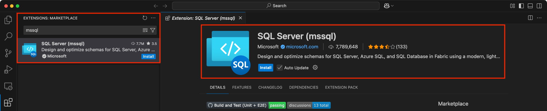 Visual Studio Code 中 MSSQL 扩展的屏幕截图。