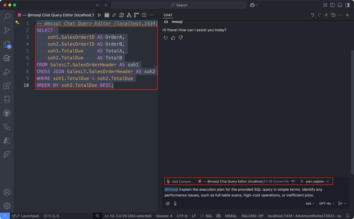 显示 Visual Studio Code 中的执行计划示例的屏幕截图。