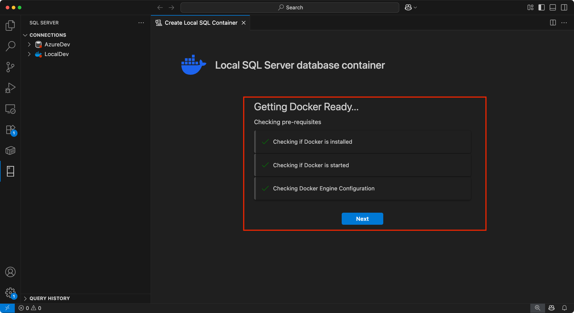 Docker 先决条件签入 MSSQL 扩展的屏幕截图。