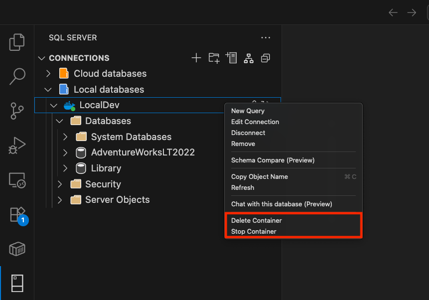 显示如何在 MSSQL 扩展中管理容器生命周期的屏幕截图。