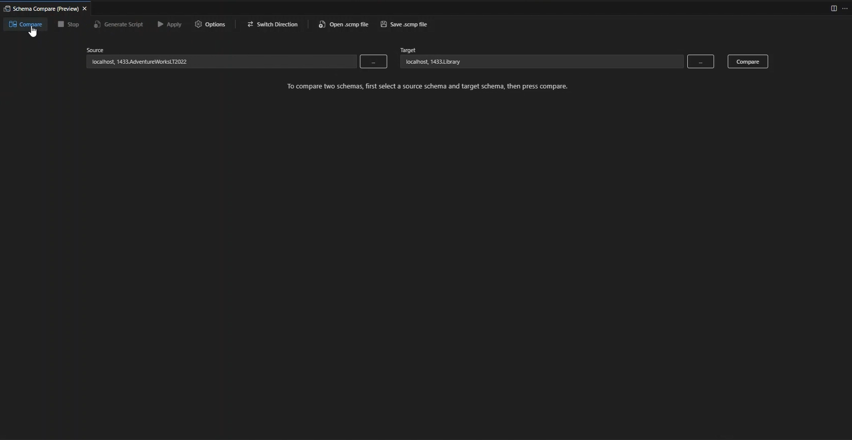 选择“比较”按钮以查看架构差异的屏幕截图。