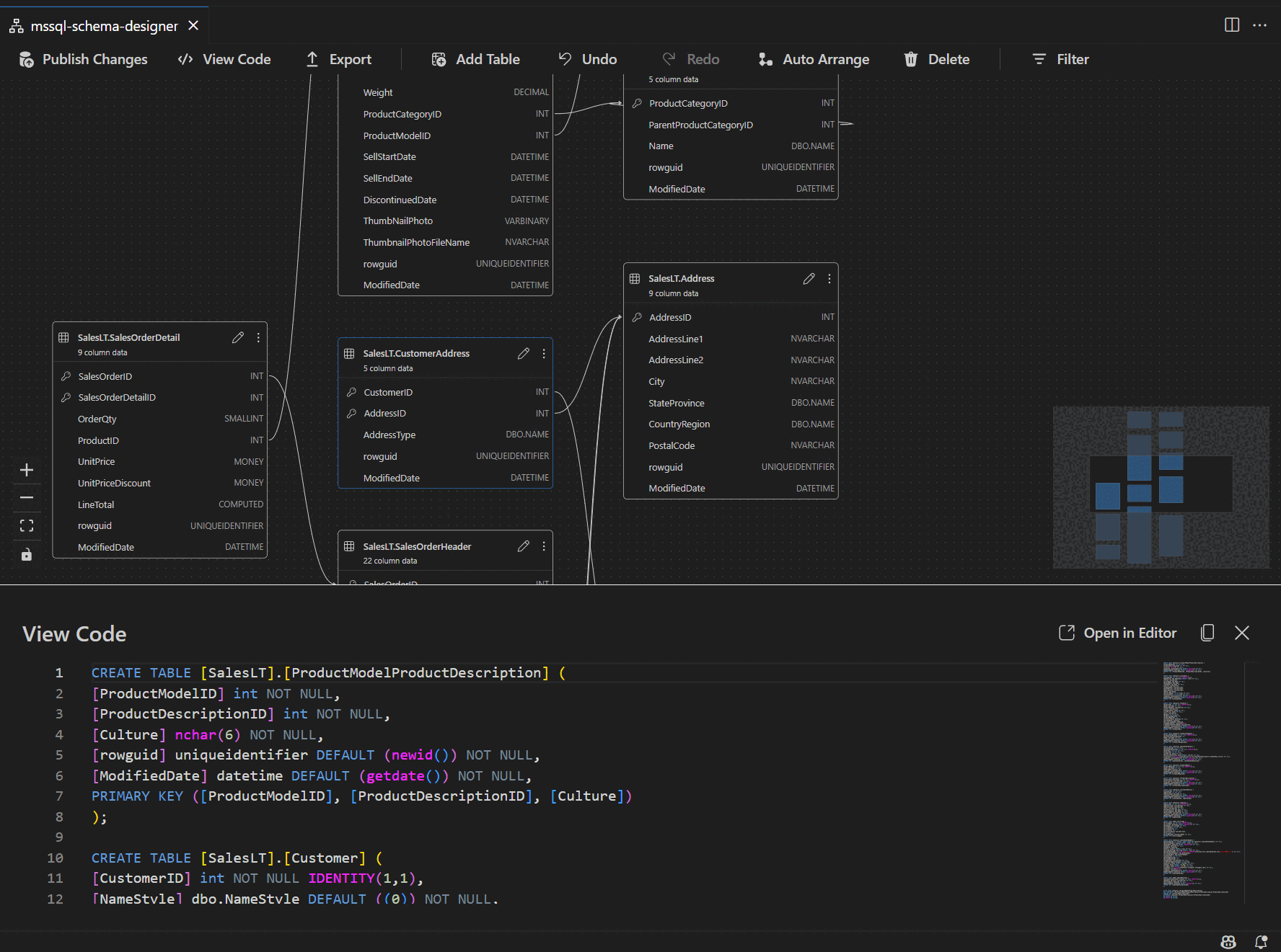 代码视图窗格的屏幕截图,其中显示了架构设计器生成的 T-SQL 脚本。