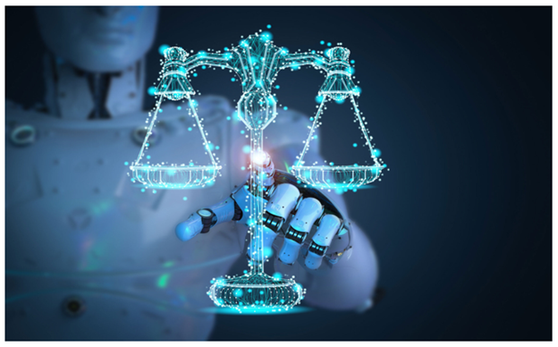 示意图显示了一组天平,表示 AI 带来的机会和风险之间的平衡。