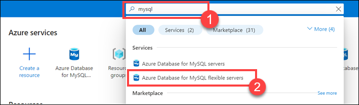 门户顶部的搜索栏的屏幕截图，其中显示了搜索 mysql 的结果。