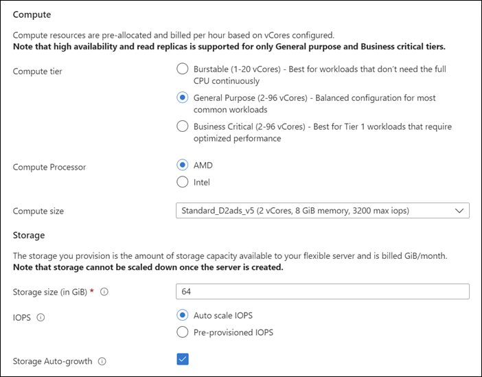 计算 + 存储 Azure 门户灵活服务器部署页的“计算和存储”部分的屏幕截图。