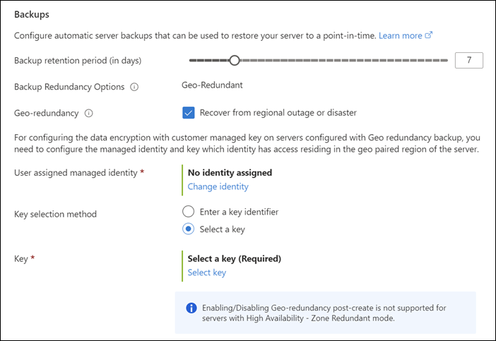 计算 + 存储 Azure 门户灵活服务器部署页的“高可用性和备份”部分的屏幕截图。