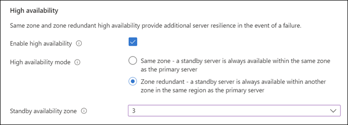 “基本 Azure 门户灵活服务器部署”页的“高可用性”部分的屏幕截图。