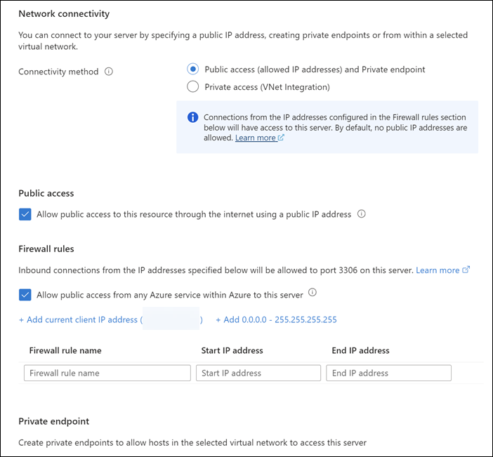“网络”选项卡的屏幕截图，其中显示了新 Azure Database for MySQL 服务器的网络设置。