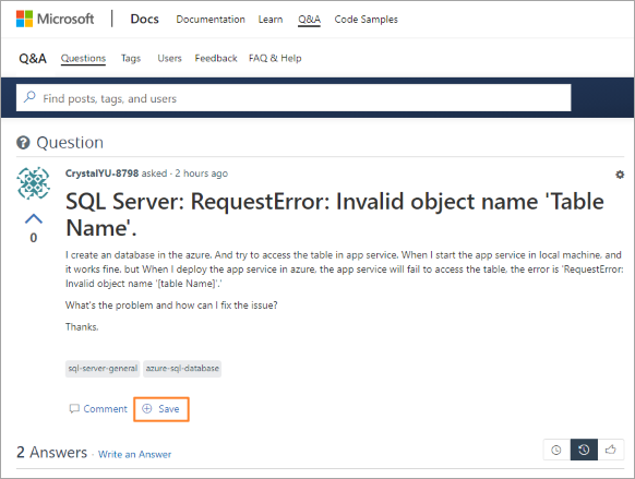 Q&A 中标题为“SQL Server:RequestError:无效的对象名称‘Table Name’”的问题的屏幕截图