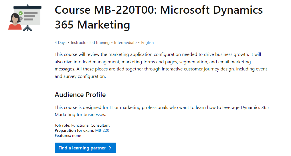 屏幕截图显示“课程 MB-220T00:Microsoft Dynamics 365 Marketing”的详细信息页面