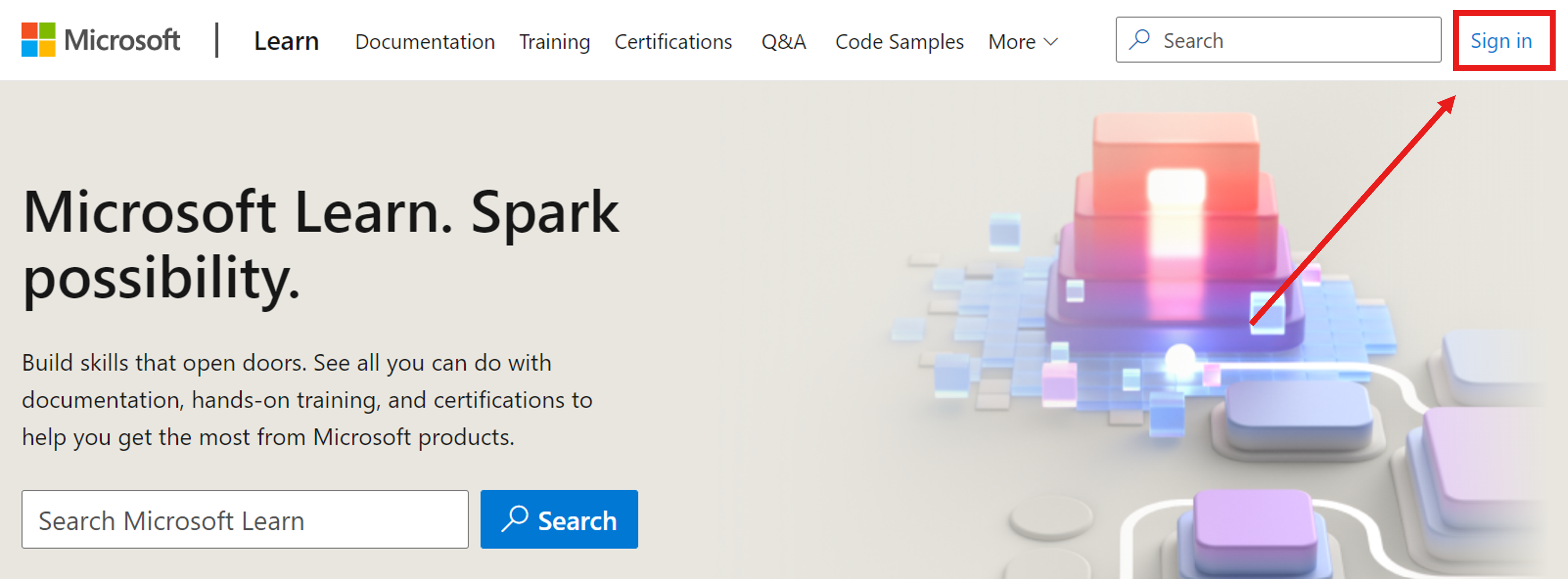 Microsoft Learn 主页的屏幕截图,右上角有一个指向登录链接的箭头。