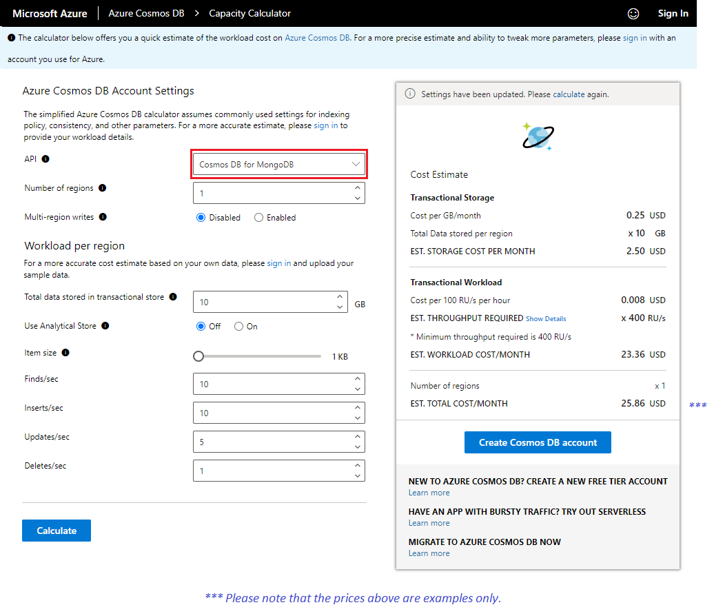 显示 Azure Cosmos DB 容量计算器 - 基本模式的屏幕截图。