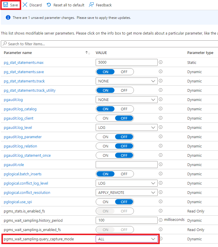 屏幕截图显示用于启用 pgms_wait_sampling.query_capture_mode 的设置。