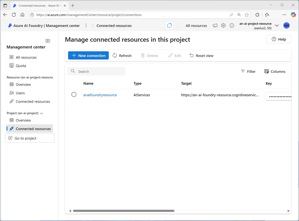 Azure AI Foundry 门户中已连接资源页的屏幕截图。