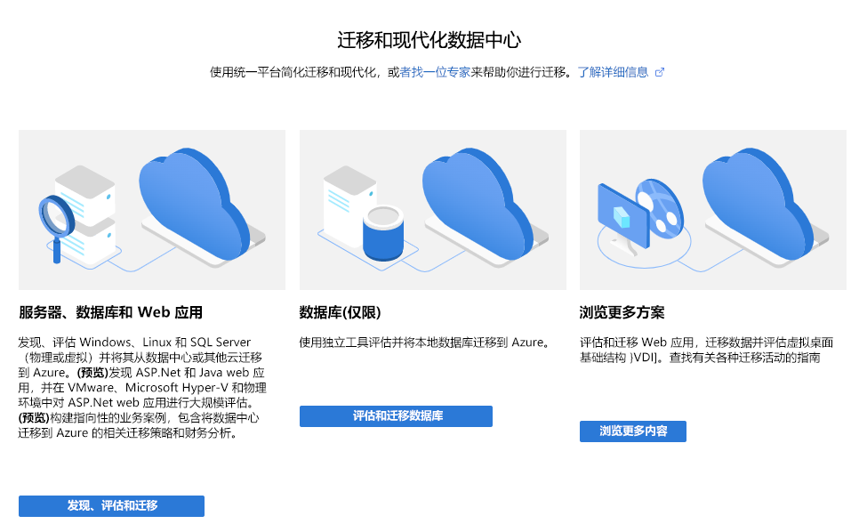 Azure 门户的屏幕截图,其中展示了“Azure Migrate”>“概述”>“开始使用”屏幕。