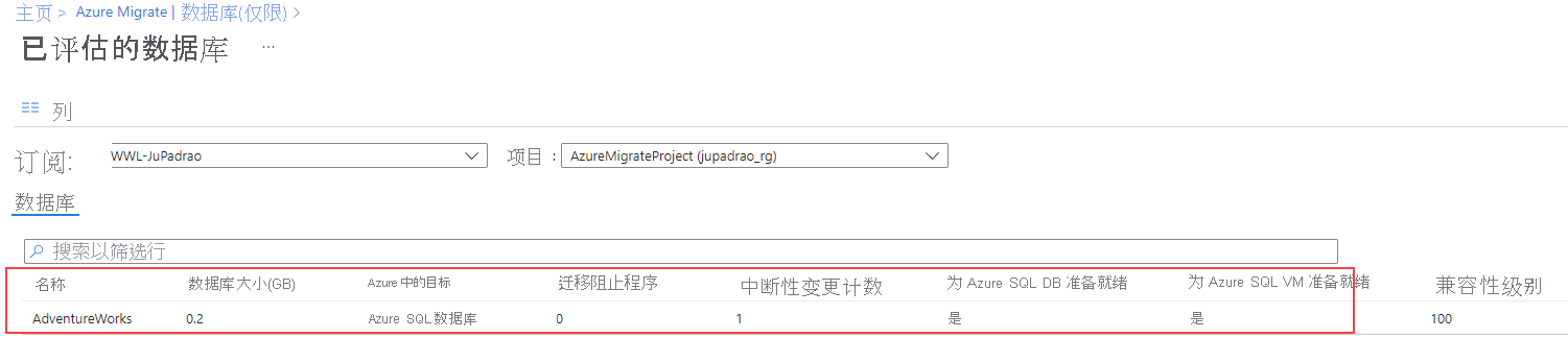 “评估的数据库”页的屏幕截图,其中显示了 Azure SQL 建议。