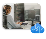 展示一个人在计算机前工作的照片,其中有 Azure AI 服务徽标。
