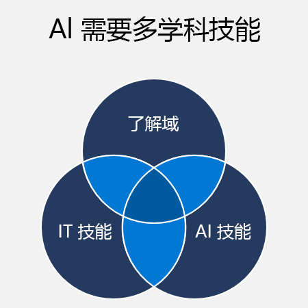 显示 AI 需要多学科技能的示意图:域理解、IT 技能和 AI 技能。