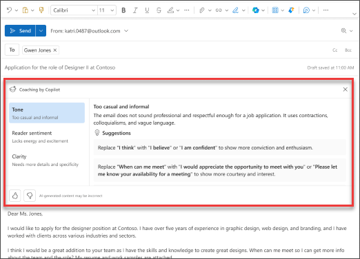 显示新版 Outlook 中 Copilot 对语气、清晰度和读者情绪的建议的屏幕截图。